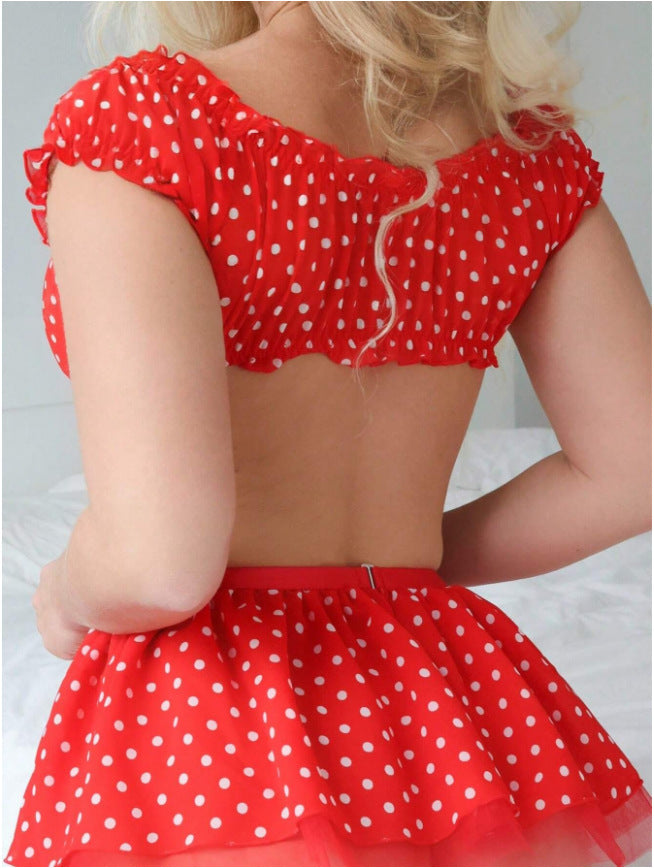 Women Sexy Split off Shoulder Skirt Dot Mesh Sexy Lingerie Set