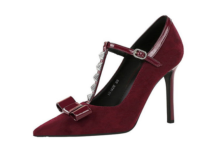 Cocktail Bow Rivet Pointed Toe High Heels Suede T Shape Buckle Sexy Women Shoes Pumps