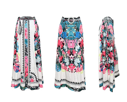Women Summer High Waist Elastic Waist Loose Printed Long Skirt