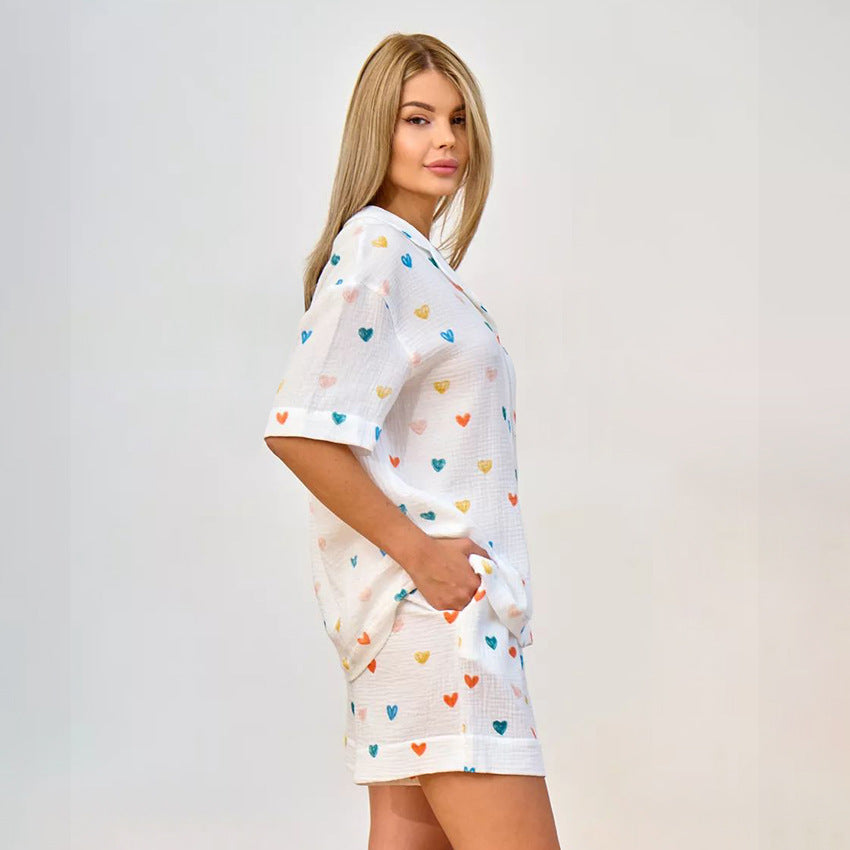 Summer Layer Crepe Heart Printing Pajamas Two Piece Cardigan Half Sleeve Shorts Women Homewear