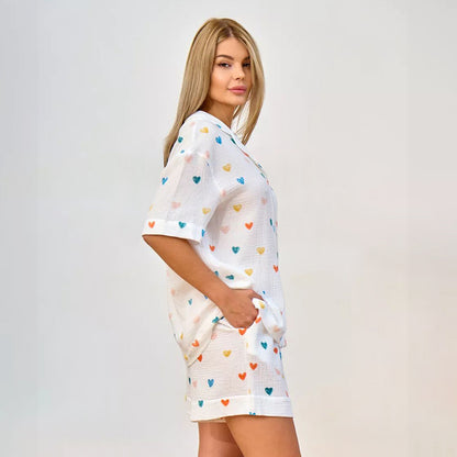 Summer Layer Crepe Heart Printing Pajamas Two Piece Cardigan Half Sleeve Shorts Women Homewear