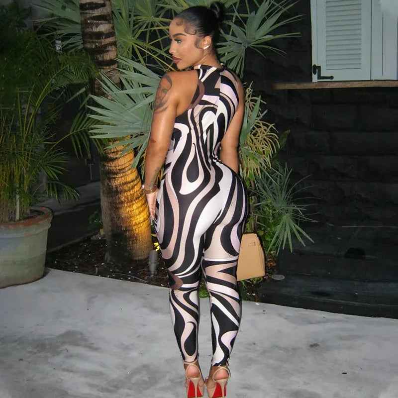 Personality Women Sleeveless Zebra Pattern Jumpsuit - Hollow Out Cutout Slim Fit Sheath Long Jumpsuit