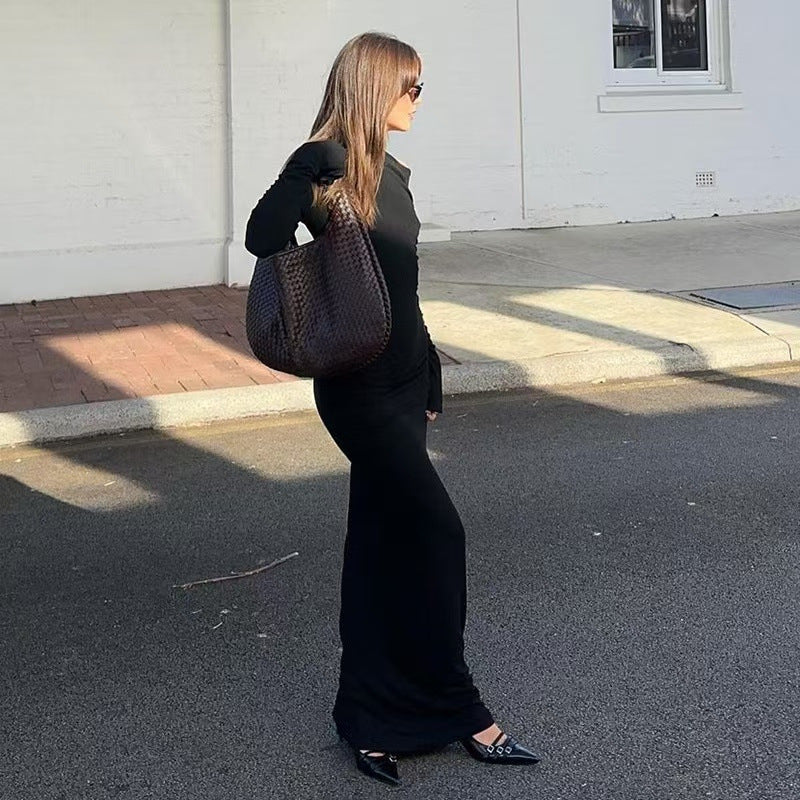 Sexy Women Clothing Sloping-Shoulder off the Shoulder Long Sleeve Slim Fit Pleated Long Socialite Dress