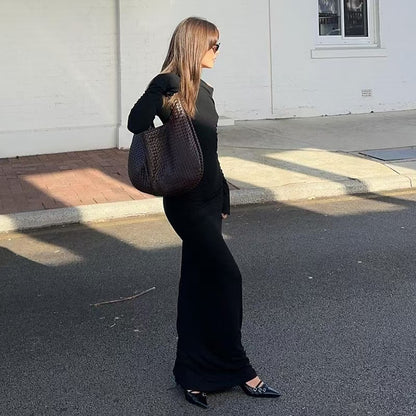 Sexy Women Clothing Sloping-Shoulder off the Shoulder Long Sleeve Slim Fit Pleated Long Socialite Dress