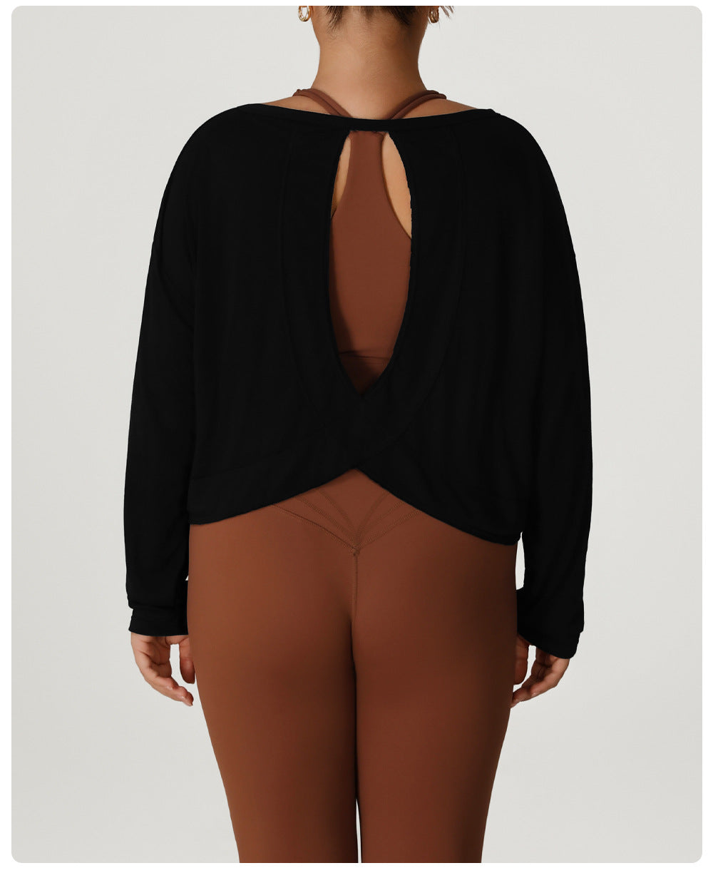 Plus Size Women Loose Sun Protection Long Sleeved Sports Blouse Women Backless Quick Drying Breathable Jacquard Yoga Workout Clothes Top