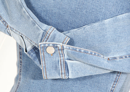 Sweet Cool Stacked Shirt Slimming Denim Shirt Spring Summer Color Matching Faux Two Piece off Shoulder Waist Tight Denim Shirt for Women