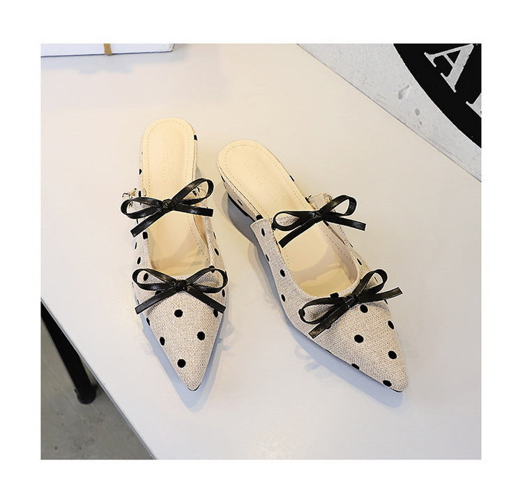 Minority Bow Toe Cap Slipper Polka Dot Wedge Comfortable All Match Slip on Women Shoes Outdoor Slippers