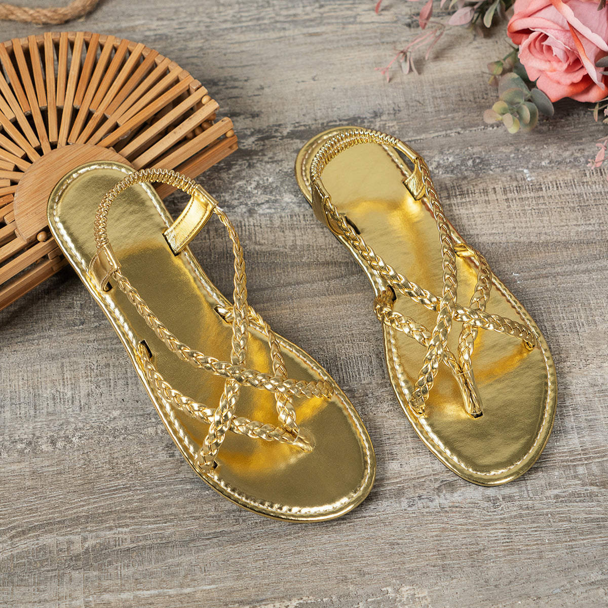 Bottom Flip Flops Women Solid Color Woven Flip Toe Outdoor Beach Sandals