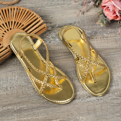 Bottom Flip Flops Women Solid Color Woven Flip Toe Outdoor Beach Sandals