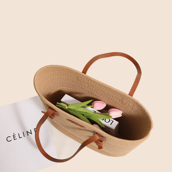 One Shoulder Cotton Thread Woven Bag Large Capacity Tote Straw Bag Vacation Beach Women Bag - GLAMWEARS