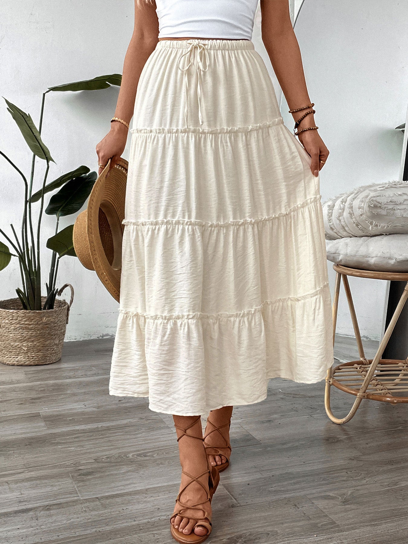 Summer White Stitching Skirt Women Simple Elastic Waist A line Umbrella Maxi Skirt