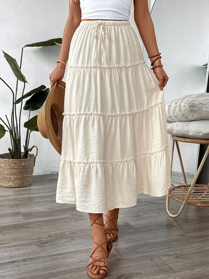 Summer White Stitching Skirt Women Simple Elastic Waist A line Umbrella Maxi Skirt