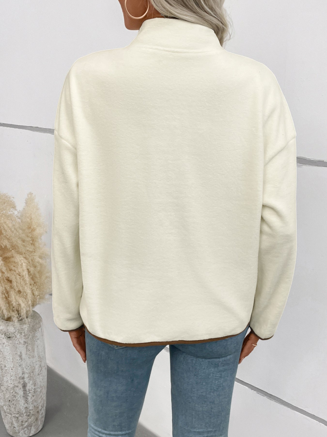 Contrast Color Polar Fleece Cardigan Autumn Winter Women Fleece Short Stand up Collar Casual Jacket