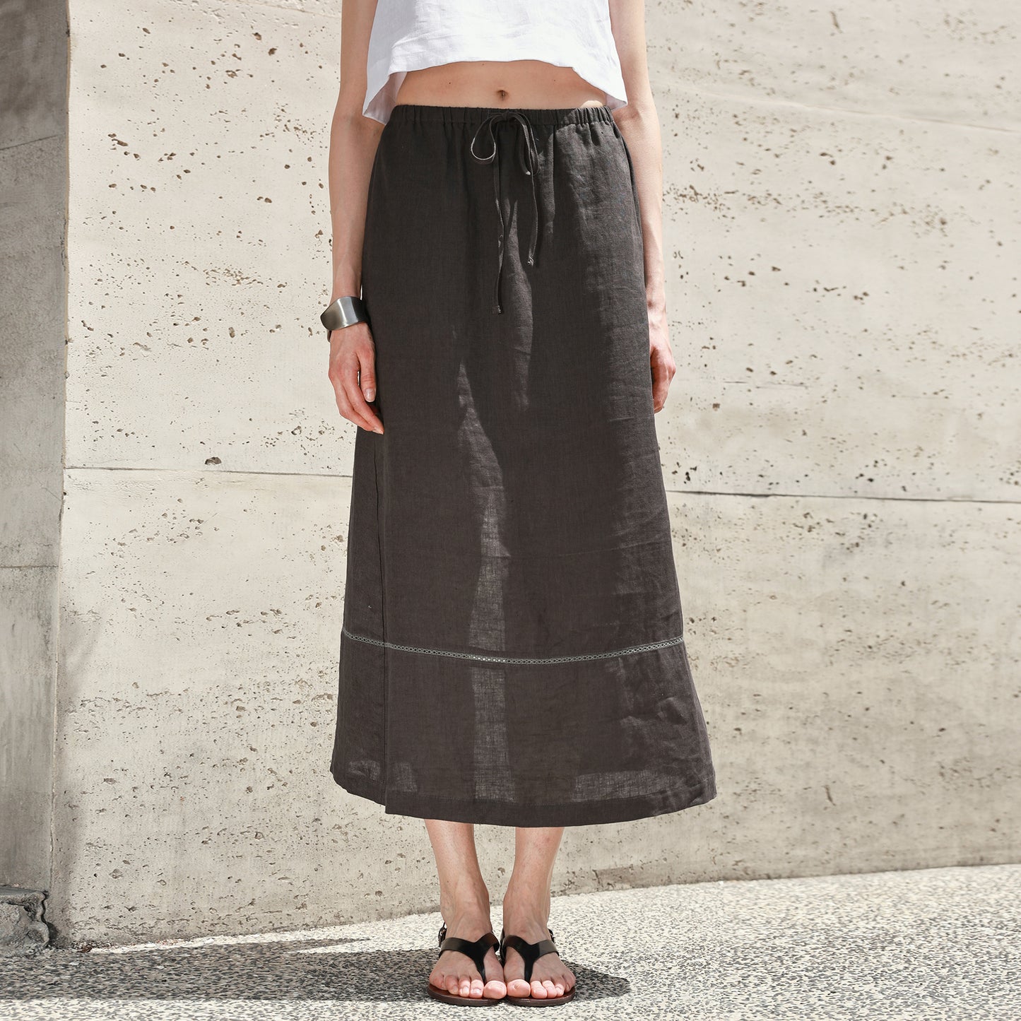 Pure Linen Stitching Hollow Out Cutout Skirt Summer Loose Straight Elastic Waist Skirt Back Slit Retro A line Skirt