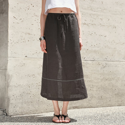 Pure Linen Stitching Hollow Out Cutout Skirt Summer Loose Straight Elastic Waist Skirt Back Slit Retro A line Skirt