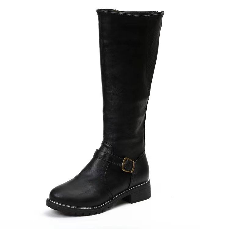 Thick Heel Long Tube Motorcycle Boots Women Side Zipper High Top Low Heel Knight Leather Boots - GLAMWEARS