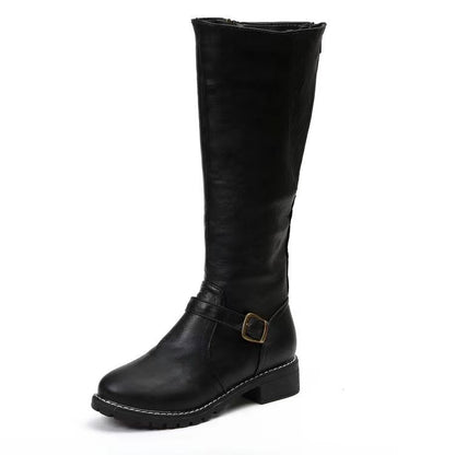 Thick Heel Long Tube Motorcycle Boots Women Side Zipper High Top Low Heel Knight Leather Boots