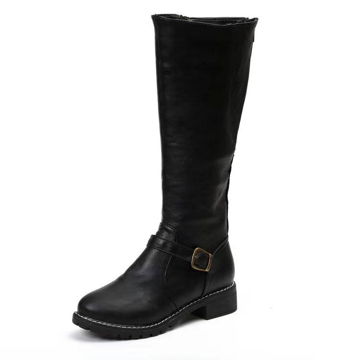 Thick Heel Long Tube Motorcycle Boots Women Side Zipper High Top Low Heel Knight Leather Boots - GLAMWEARS