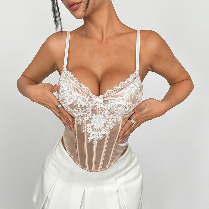 Independent Stand Lace Small Lace Mesh Embroidered Splicing High Elastic Satin Steel Ring Boning Corset Diamond Vest