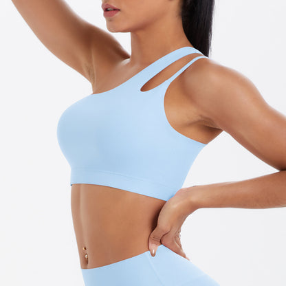 Solid Color One Shoulder Beauty Back Yoga Bra Nude Feel Push up Sports Bra Irregular Asymmetric Shoulder Strap Sports Vest for Women