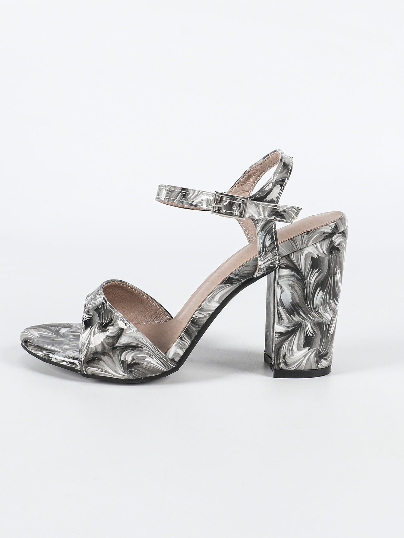 Round Toe High Heel Sandal Slippers Women Summer One Strap Floral Chunky Heel Sandals