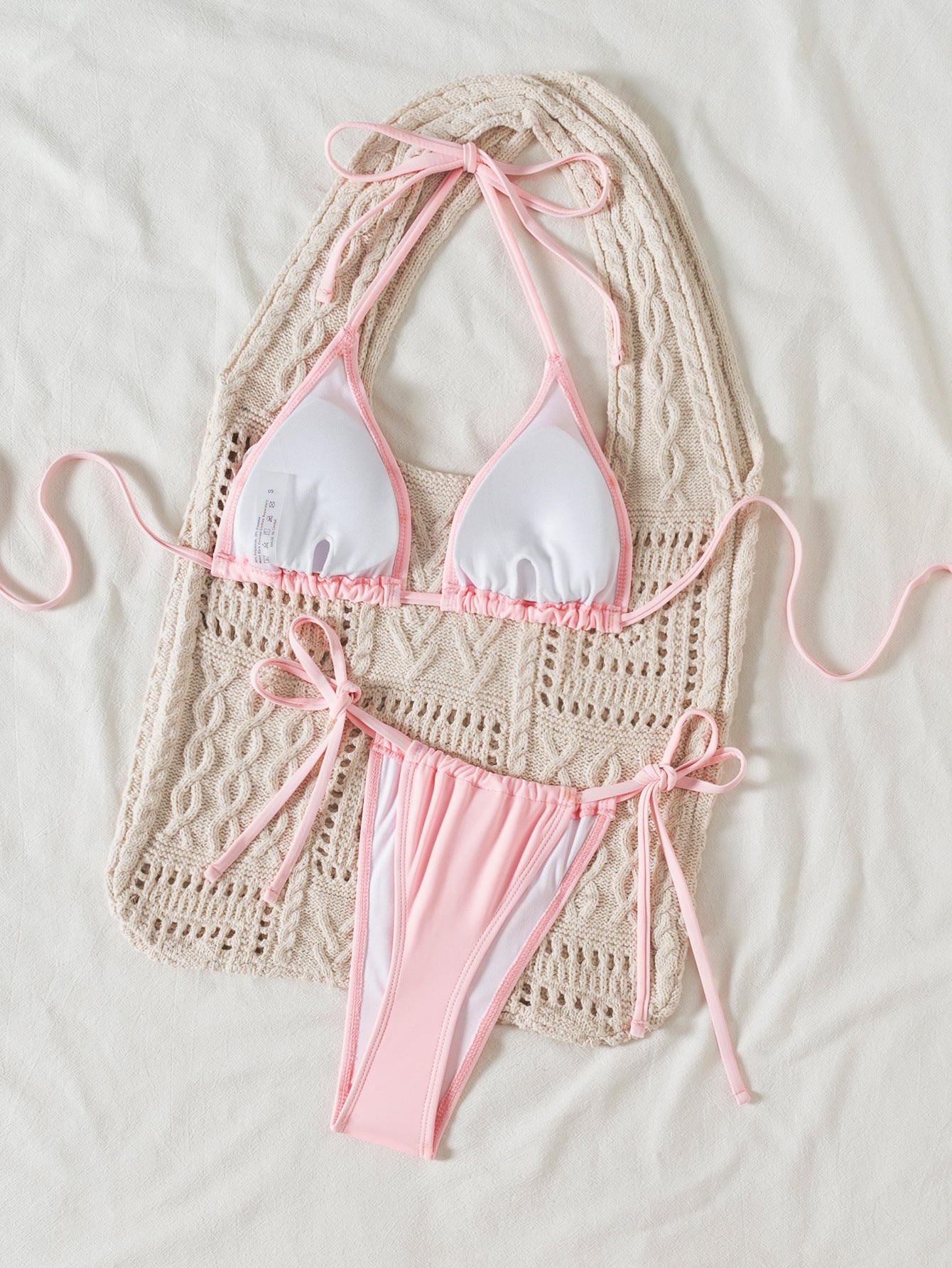 Solid Color Sexy Backless Lanyard Halter Bikini Two Piece Sets Three Dimensional