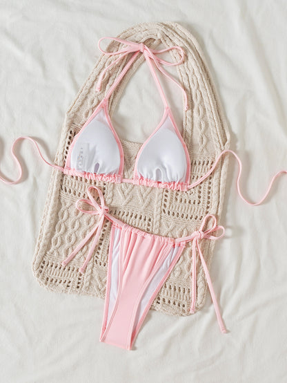 Solid Color Sexy Backless Lanyard Halter Bikini Two Piece Sets Three Dimensional