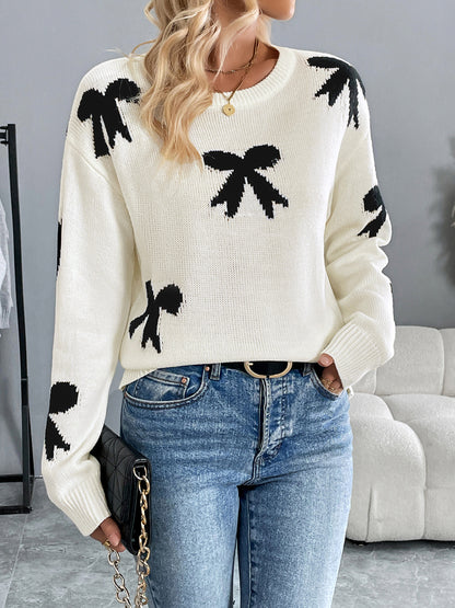 Casual round Neck Bowknot Jacquard Autumn Winter Sweater Women