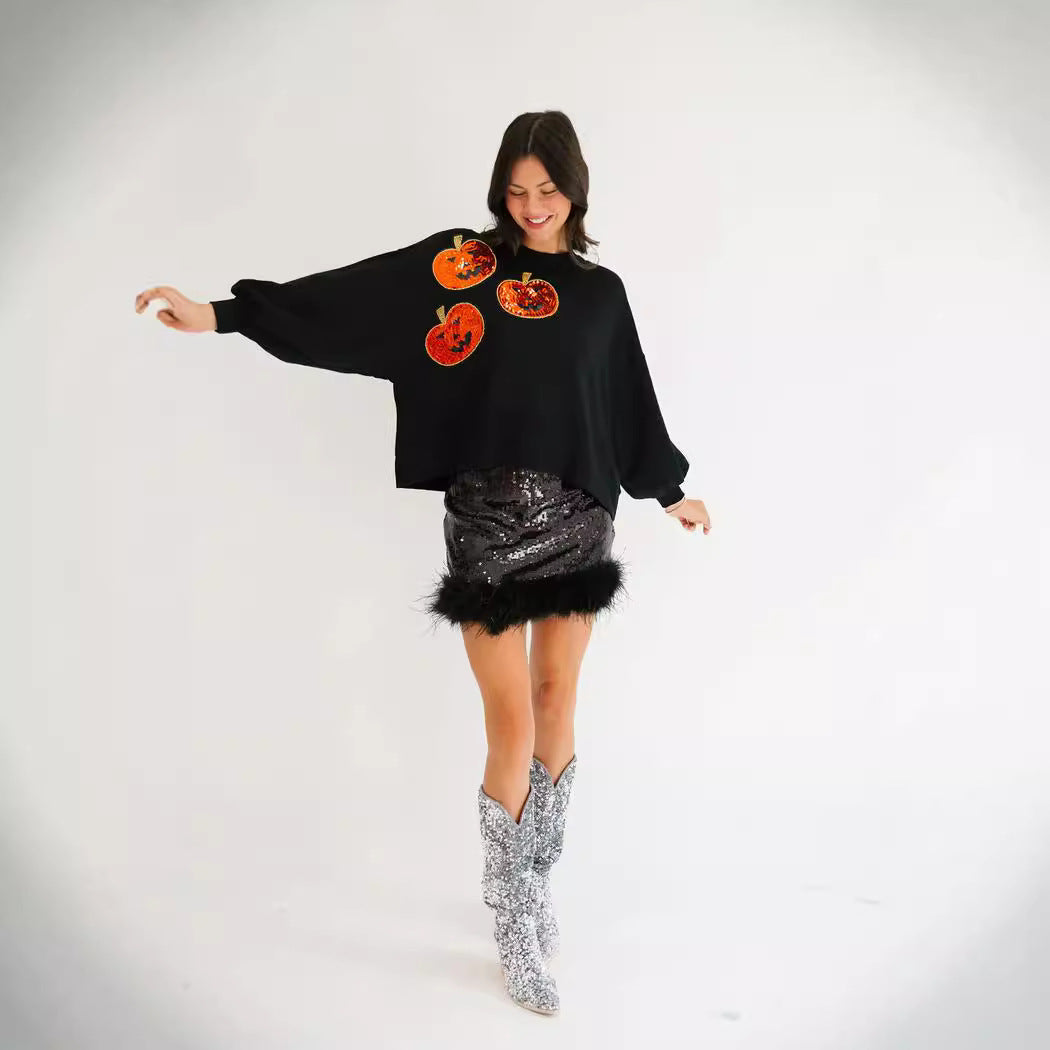 Autumn Winter Women Halloween Pumpkin Sequined Sweater Loose Casual Top Women