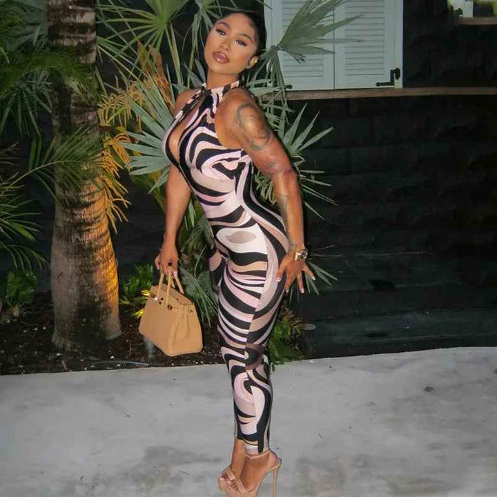 Personality Women Sleeveless Zebra Pattern Jumpsuit - Hollow Out Cutout Slim Fit Sheath Long Jumpsuit