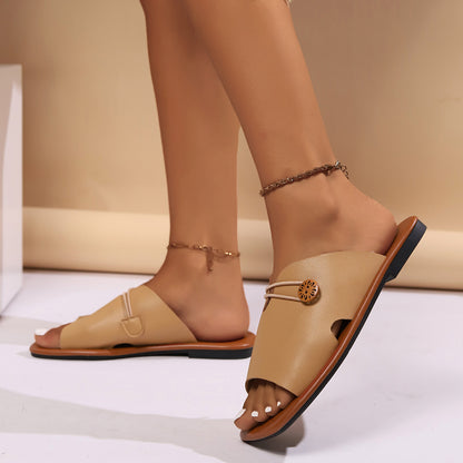 Square Toe V Cut Flat Slippers Women Outer Wear One Line Button Strap Beach Sandals