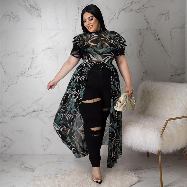 plus Size Women Nightclub Uniforms Oversleeves Mesh Hollow Out Cutout Dress Top