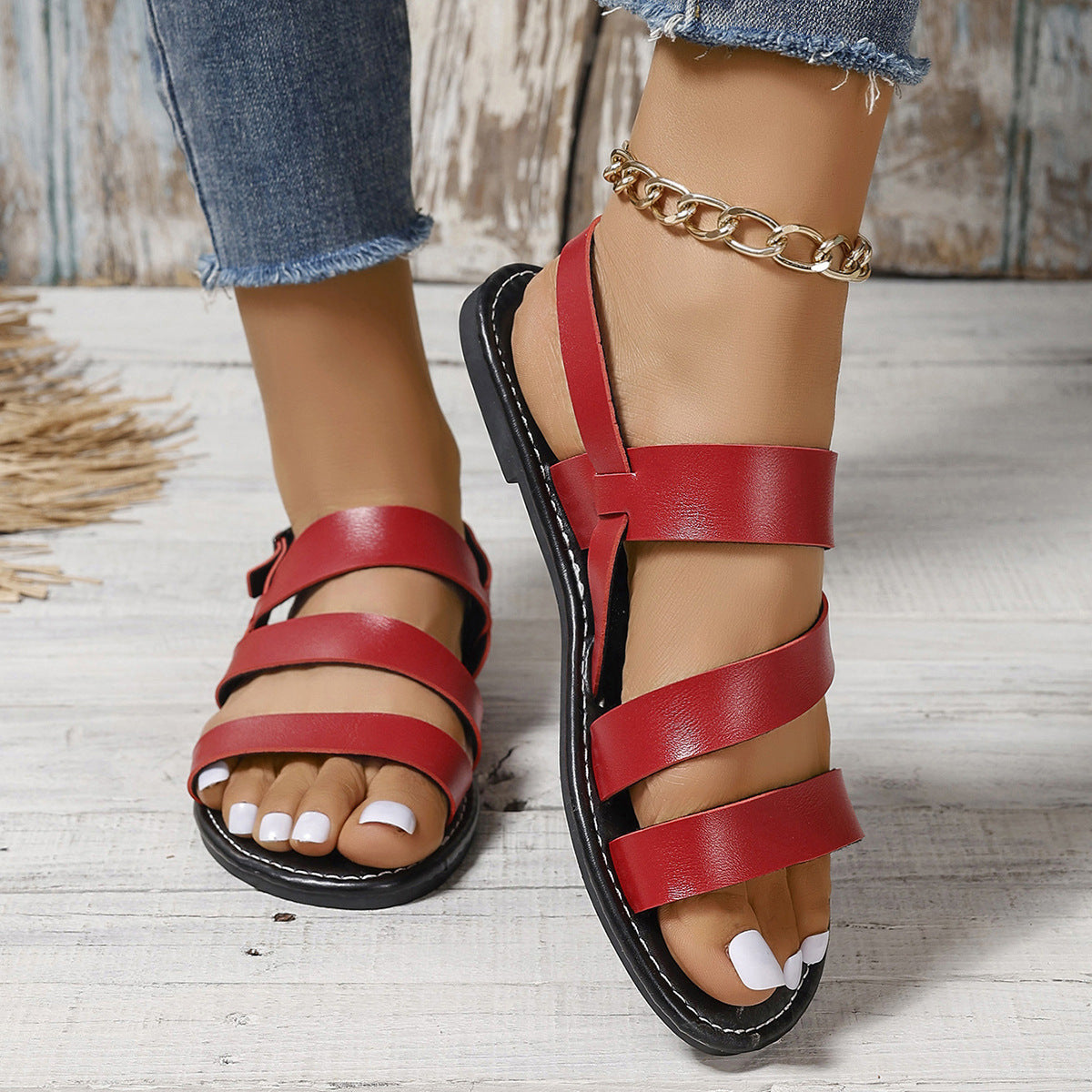 Buckle Flat Sandals Women Retro One Word Buckle Beach Slippers Sandal