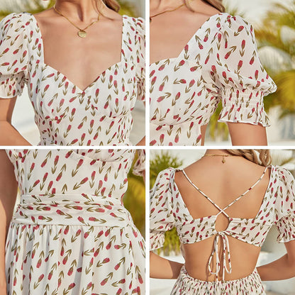 Women V-neck Puff Short Sleeve Backless A- line Back Lace-up Criss Cross Elegant Print Blouse Mini Dress