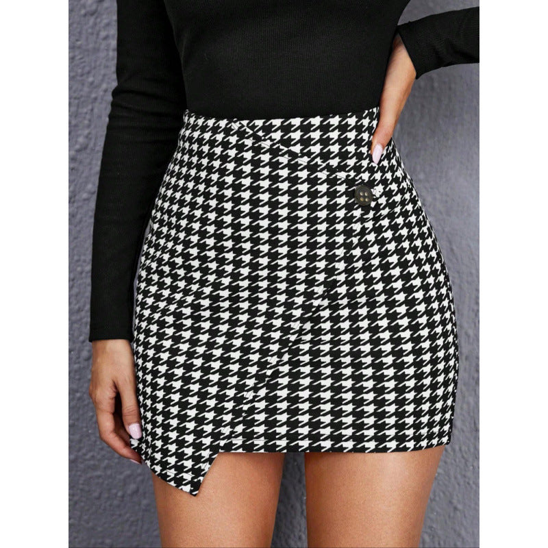 Women Clothing Houndstooth Skirt Elegant Hip High Waist