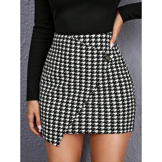 Women Clothing Houndstooth Skirt Elegant Hip High Waist