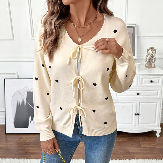 Autumn Winter Sweet Cute Love Pattern V neck Lace up Cardigan Sweater Coat
