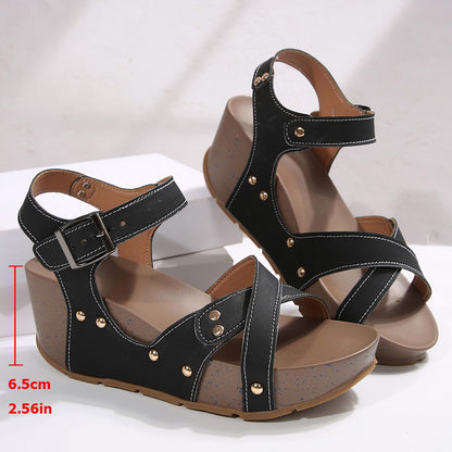 Cross Strap Platform Wedge Sandals Women Rivet Mid Heel Peep Toe Beach Sandals