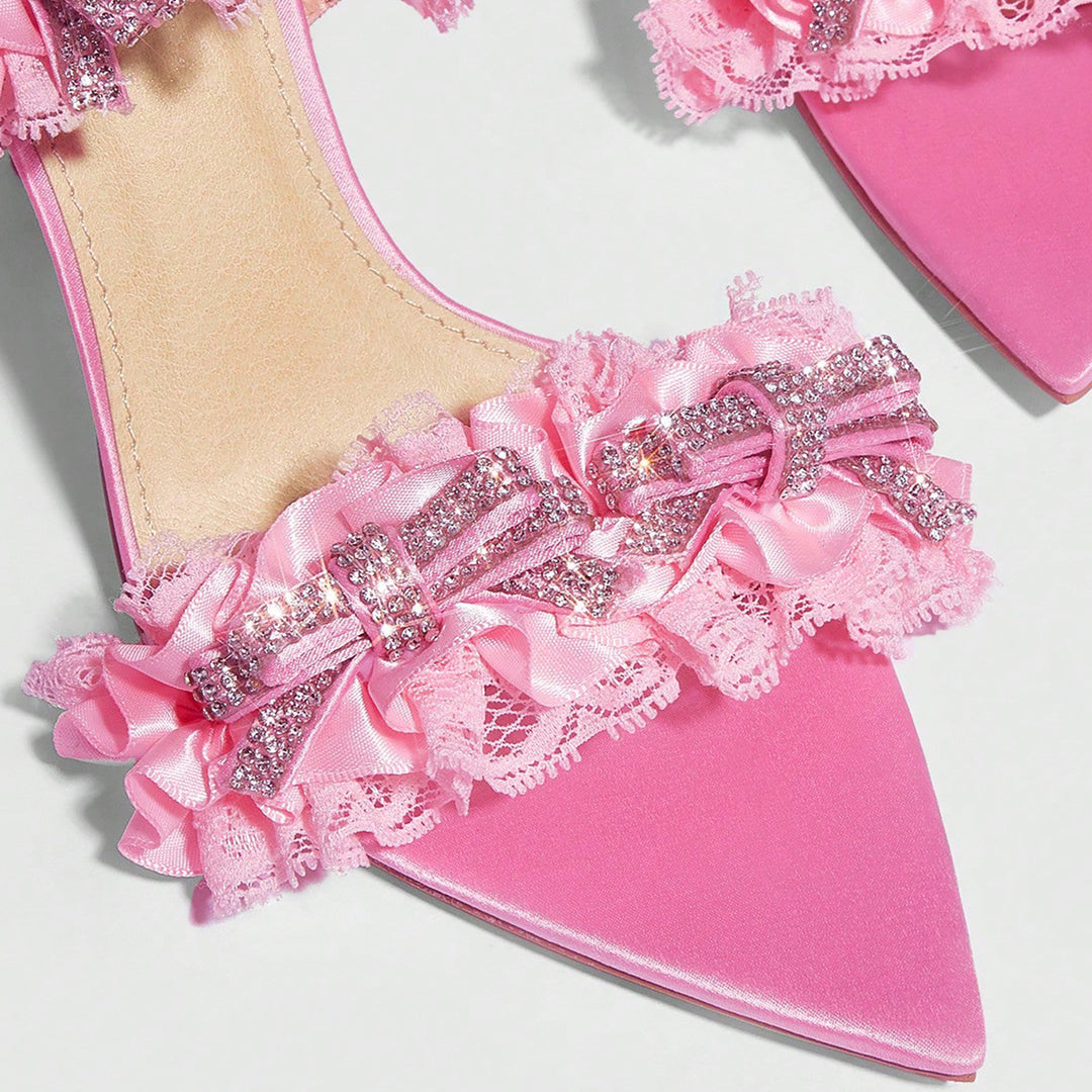 Mach Pink Lace up Stiletto Heel Pointed Sandals 8.5cm Heels Bowknot Women Shoes - GLAMWEARS