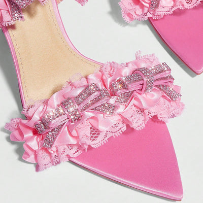 Mach Pink Lace up Stiletto Heel Pointed Sandals 8.5cm Heels Bowknot Women Shoes
