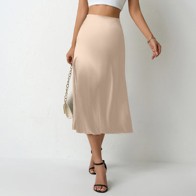 Women Clothing Popular Satin Skirt Women Summer Mid Length Split Professional A line Skirt High Waist Skirt
