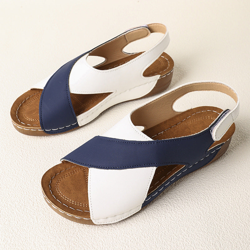 Platform Cross Wedge Sandals Women Outer Wear Contrast Color Breathable Velcro Beach Slippers