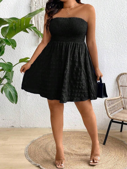 Plus Size Women Clothing Summer off Neck Solid Color All Matching Sexy Dress