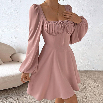 Autumn Winter Women Clothing Waist Controlled Large Hem A line Dress Puff Sleeve Square Collar Sweet Dress