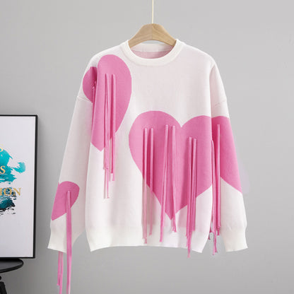 Love Tassel Autumn Winter Sweater Fashionable Knitted round Neck Stitching round Neck Pullover Top Knitting
