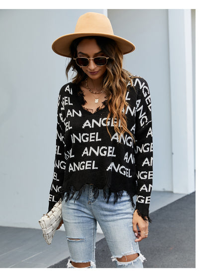 Pullover Women Loose Short V Neck Women Sweater Autumn Winter Tassel Knitwear