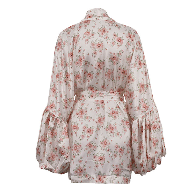 Women Clothing Digital Printing Loose Casual Dress Puff Sleeve Lace up High Grade Satin A line Dress