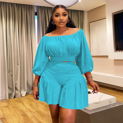 plus Size Women Clothing Pleated off Neck Fluffy Waist Trimming Casual Two Piece Sets