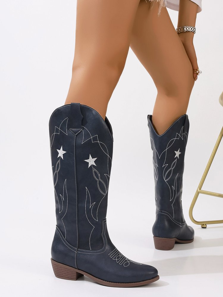 Totem Embroidery High Leather Boots Women Sewing Thread Pointed Toe Chunky Heel Knee High Boots