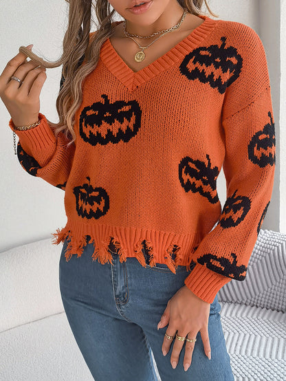 Autumn Winter Halloween Contrast Color Pumpkin Cut Rotten Long Sleeve Pullover Women Clothing